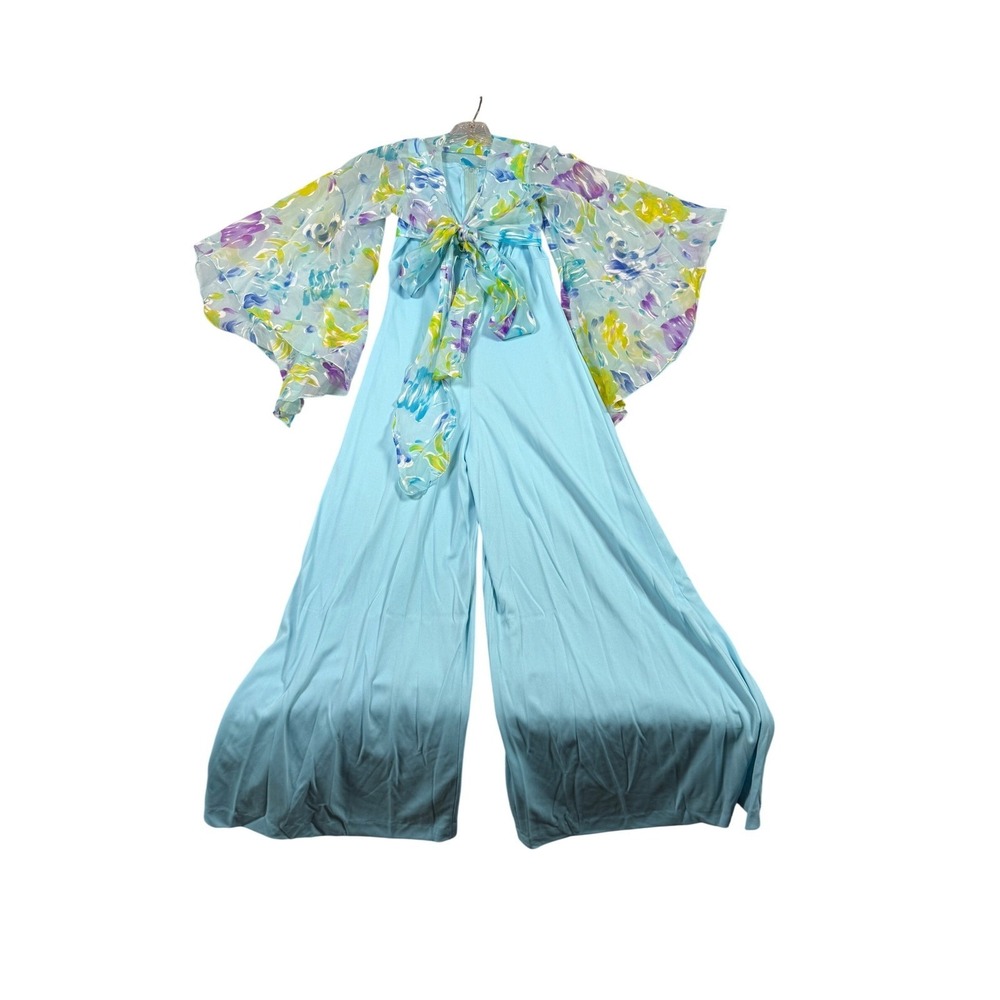 Vintage 70s Blue Wide Leg Jumpsuit Floral Chiffon Bell Sleeve Disco Boho 7/8